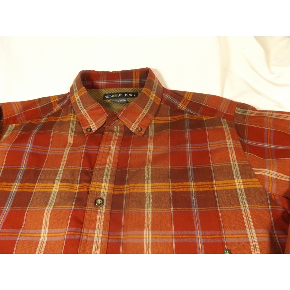 ExOfficio Mens Plaid Button Up Shirt Red Long Sleeve Outdoor Regular Fit Medium